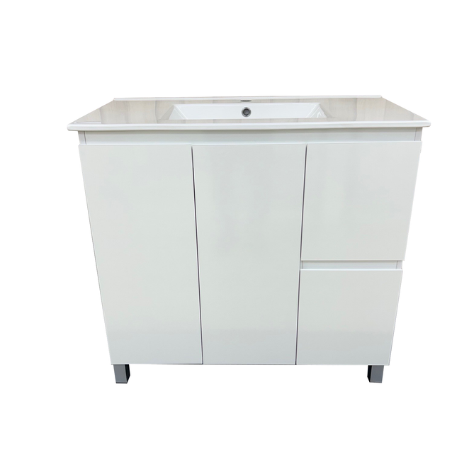 Square White Gloss Vanity 900mm - Right Side Drawers