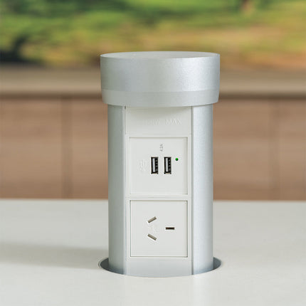 Pop-up power outlet PointPod Compact in white including 1 GPO and 2 USB fast charging outlets