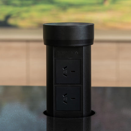 Black pop-up power socket called PointPod including two GPO outlets
