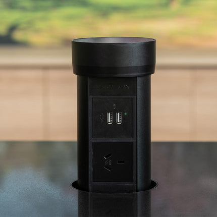 Black PointPod Compact, under-bench power socket including 1 GPO and 2 fast charging USB outlets