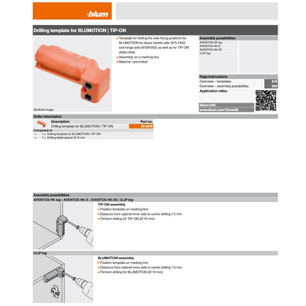 Blum Drilling Template for Tip-On - Blumotion 65.5010