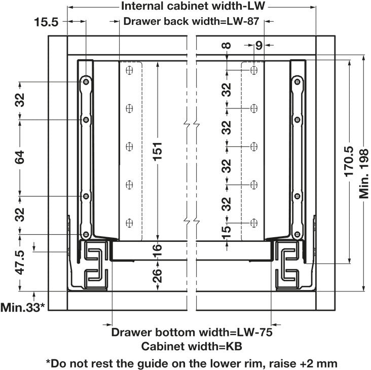 Drawer Guide Height Alto Slim Drawer Set 500mm x Drawer Side Height 167mm - By Hafele